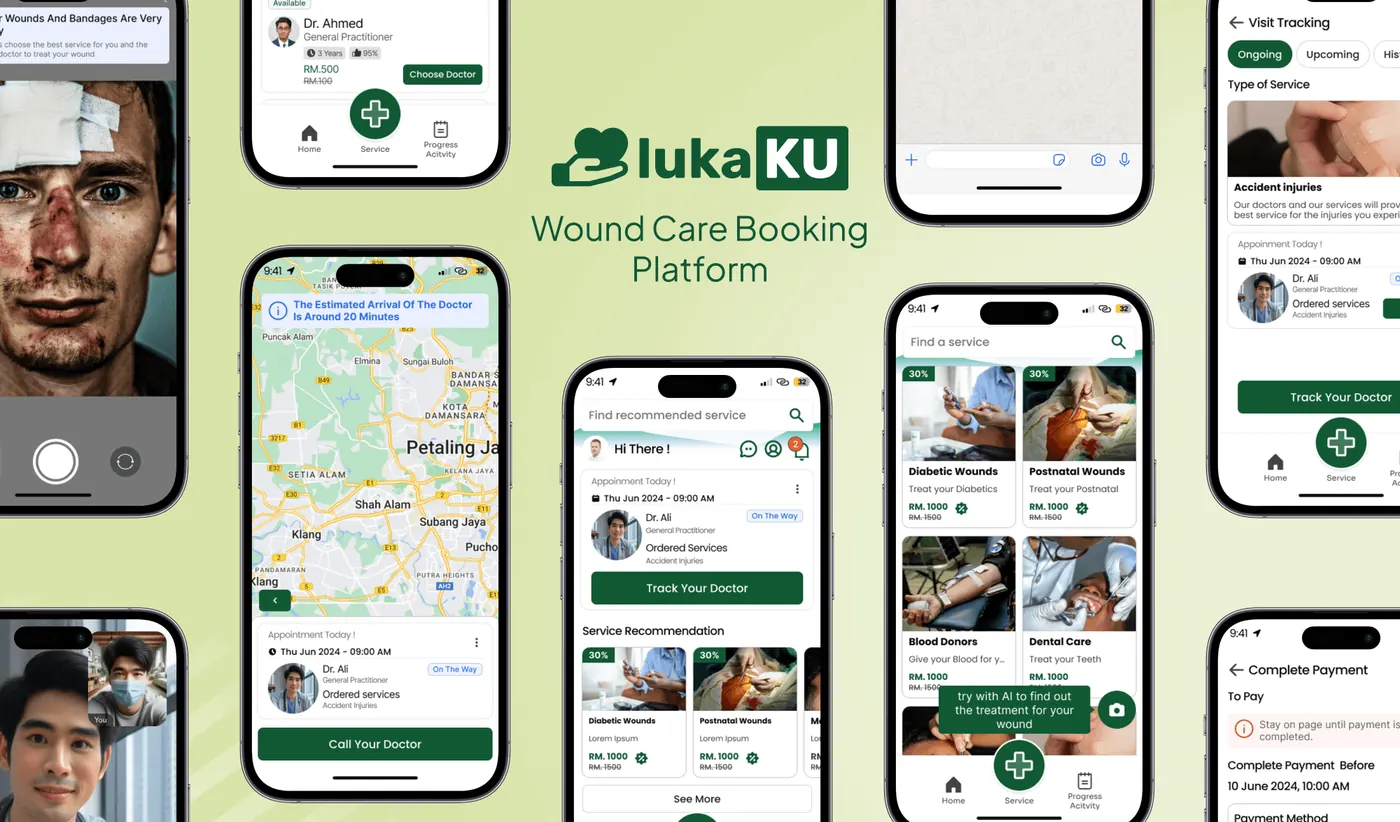 LukaKu wound-care booking app screens with a map, doctor list and booking flow
