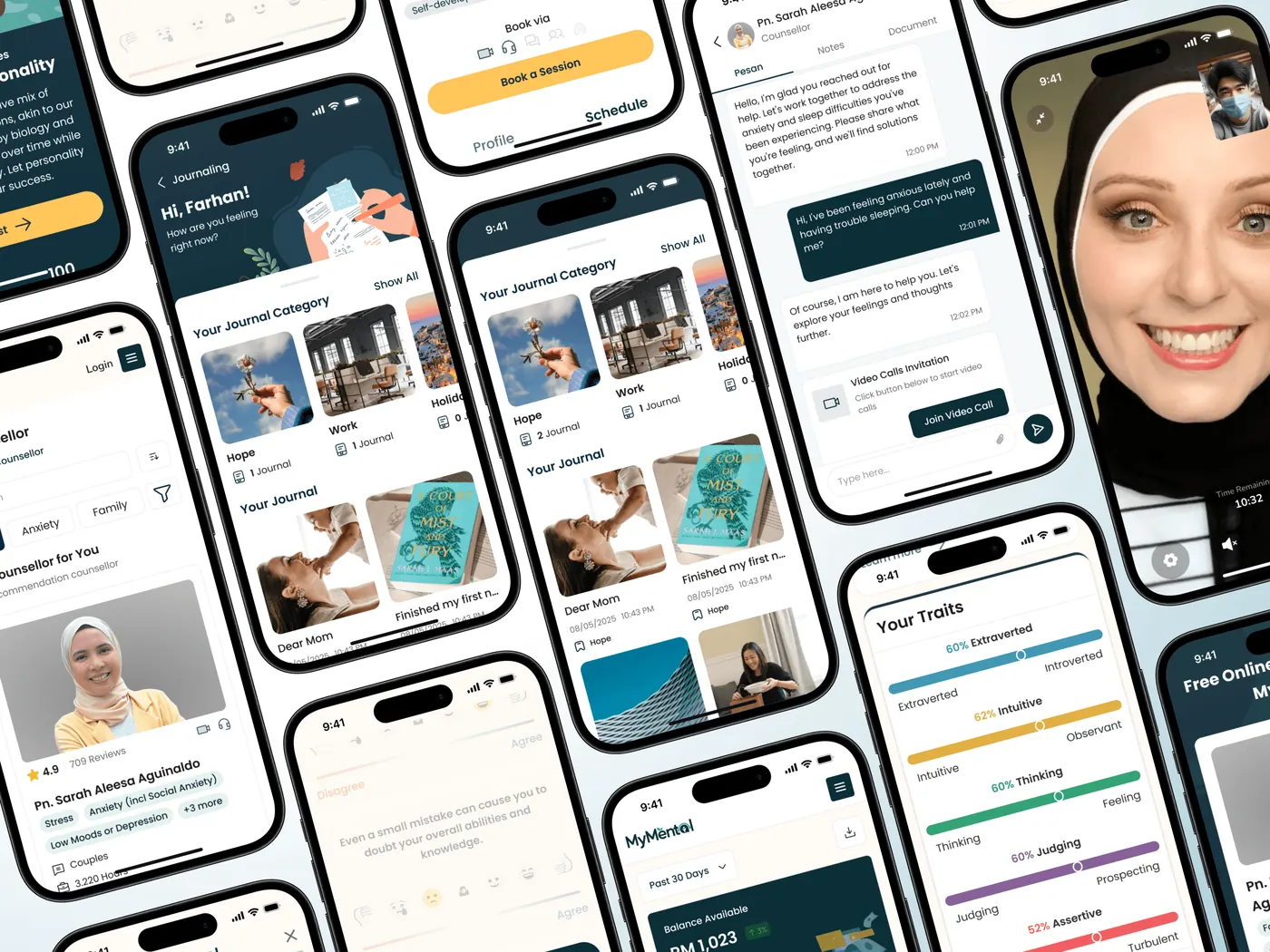 Mental health assessment platform screens with an online counseling session