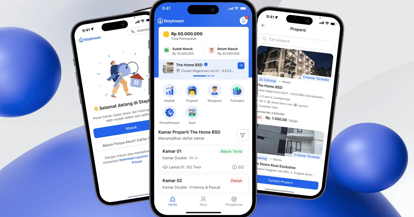 Property management app screens with listings and reservations