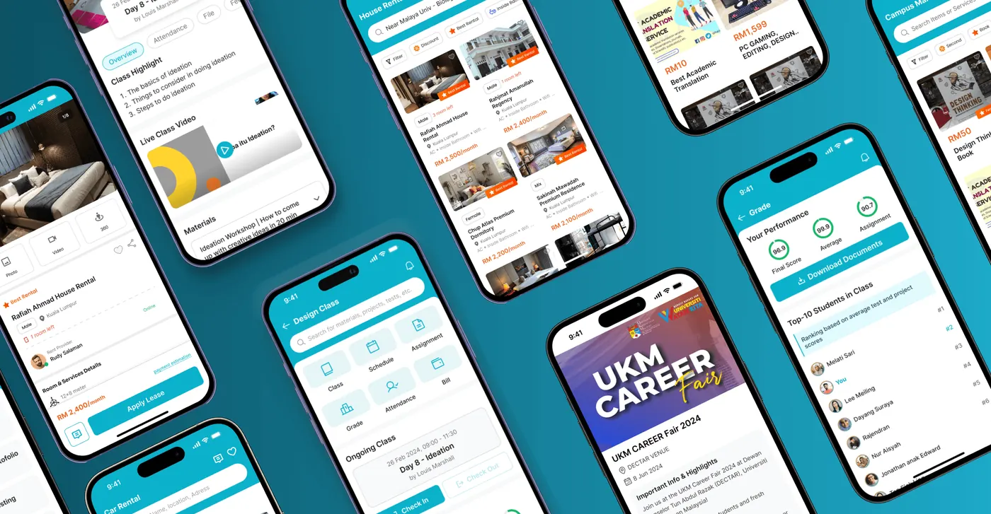 Student Super App screens for campus services and careers